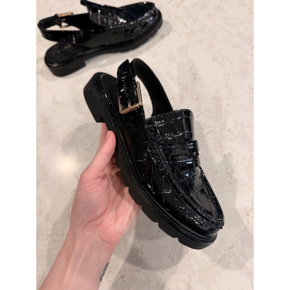 Anne Klein Black Croc Patent Slingback Lug Sole Loafers AKELYSSAVELY 6.5M